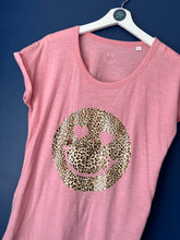 Load image into Gallery viewer, SALE! Organic Women&#39;s T-Shirt - Pink - Leopard Smiley - Size Small