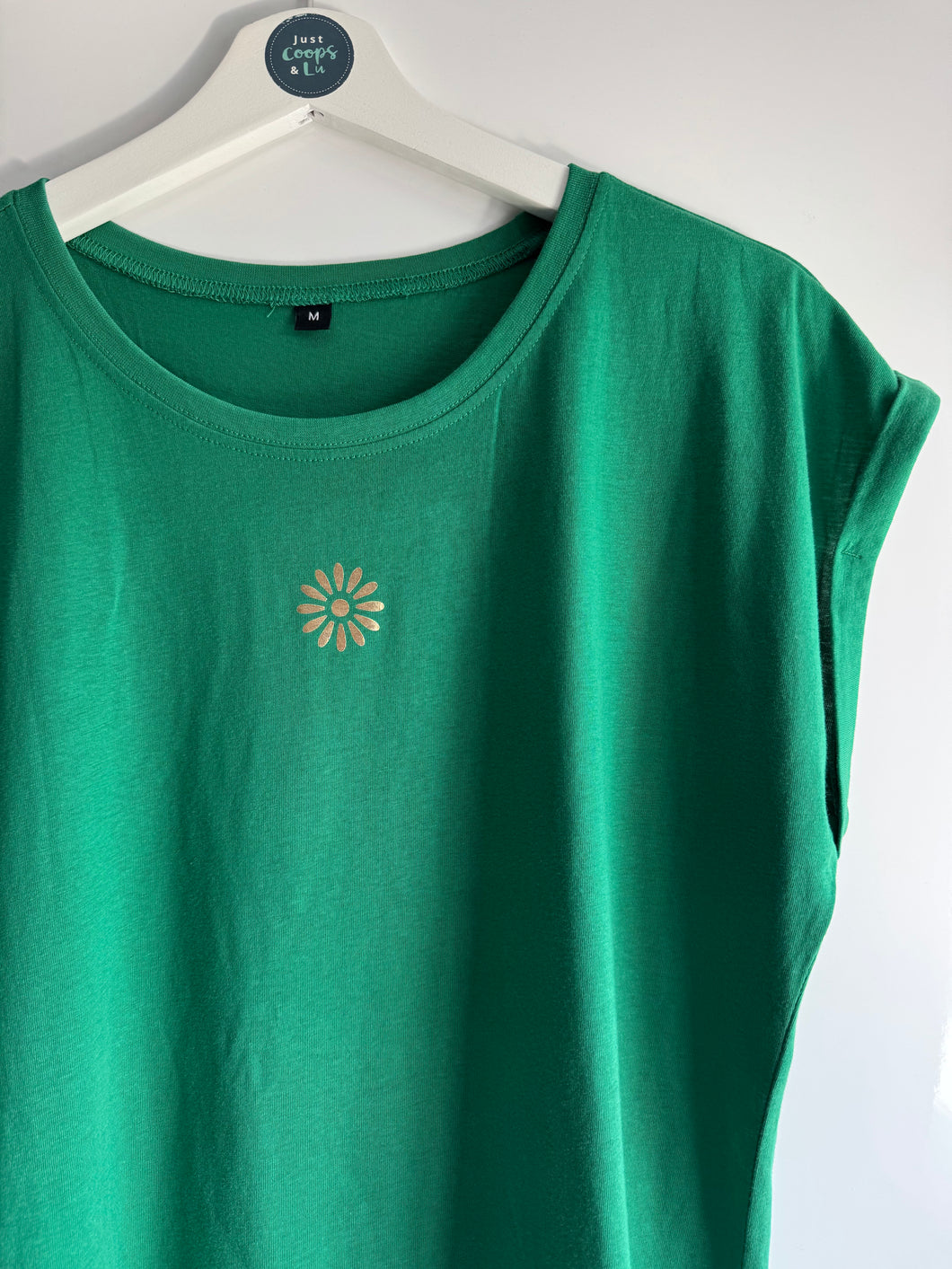 SALE! Women's T-Shirt. Green with Gold Flower. Size Medium