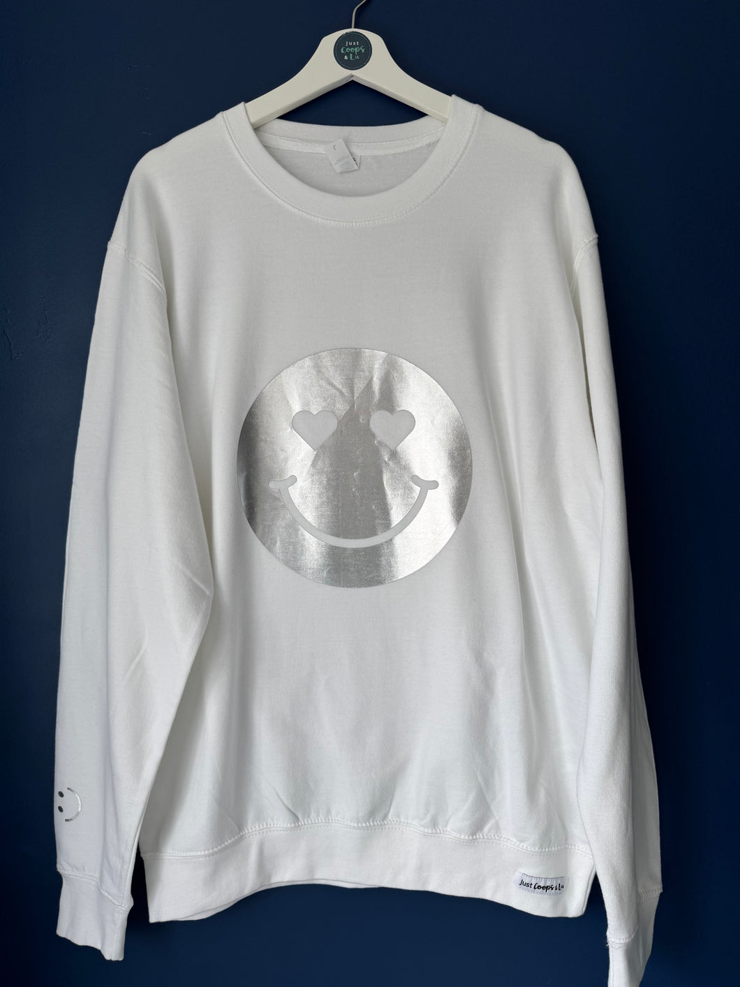 SALE! - Smiley White/Silver Sweatshirt. Size Large. Faulty