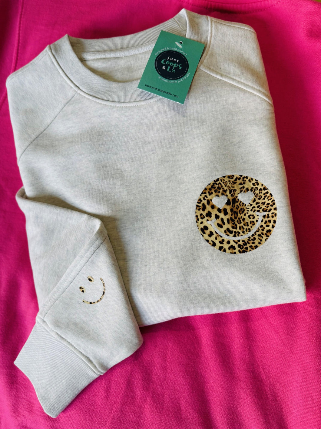 SALE! Women's Organic oversized sweatshirt - Size Large. Leopard Smiley